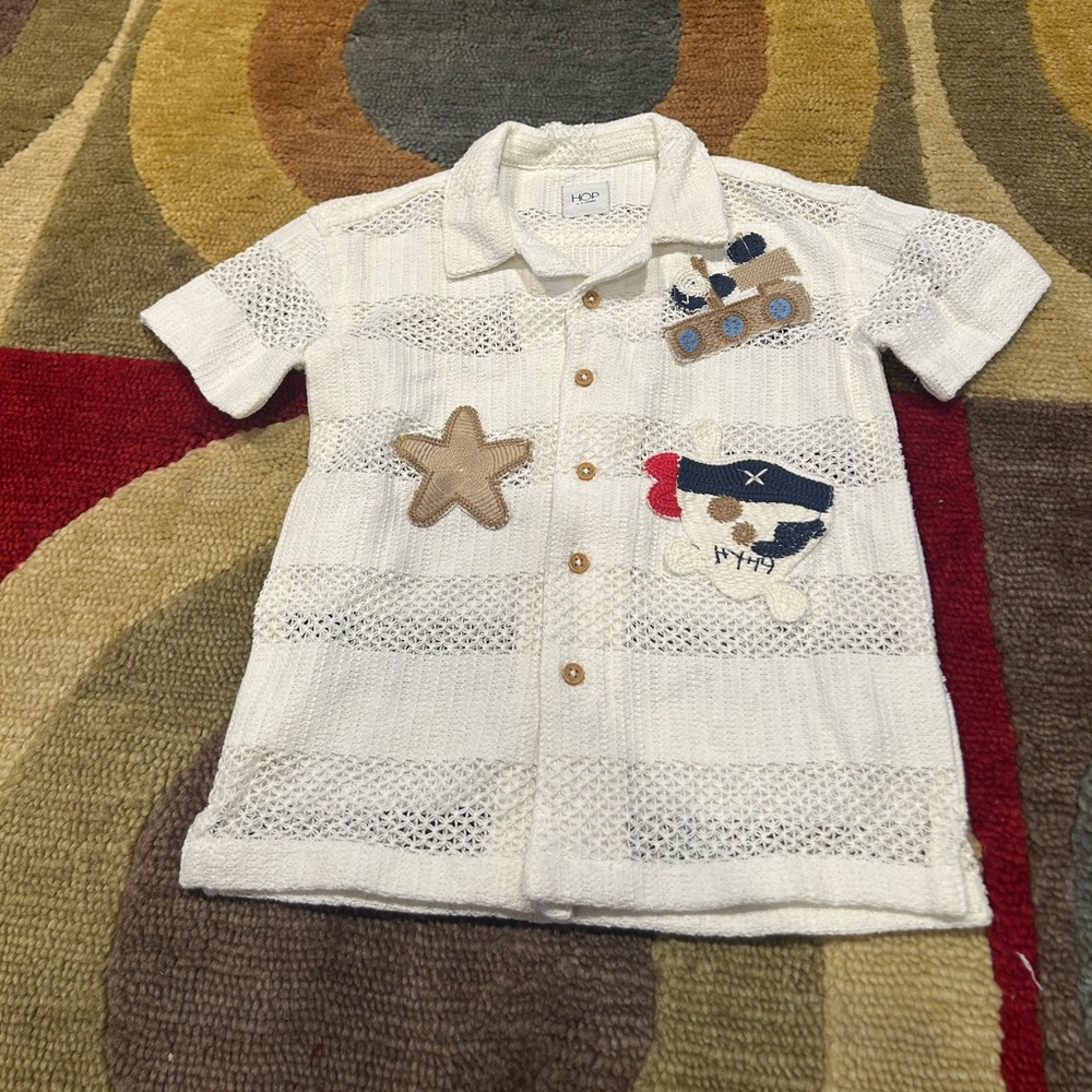 HOP Kids Off White Applique Detailed Knitted Cotton Shirt Button Down 4-5 Years